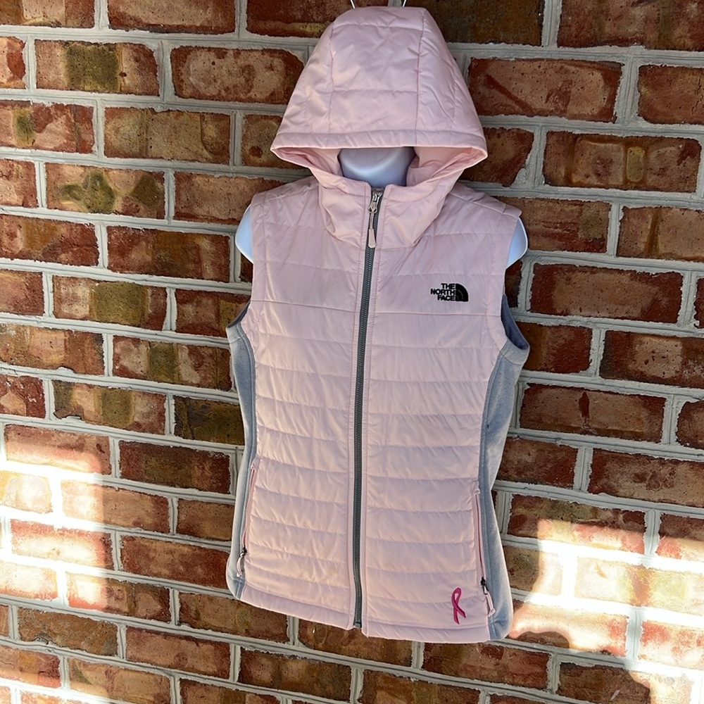 The North Face Pink Breast Cancer Hooded Pink Zip up Vest. Small